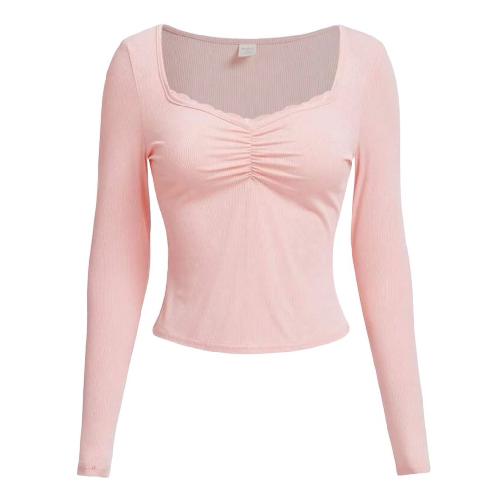 Romwe, Solid Ruched Ribbed Tee, S, Baby Pink